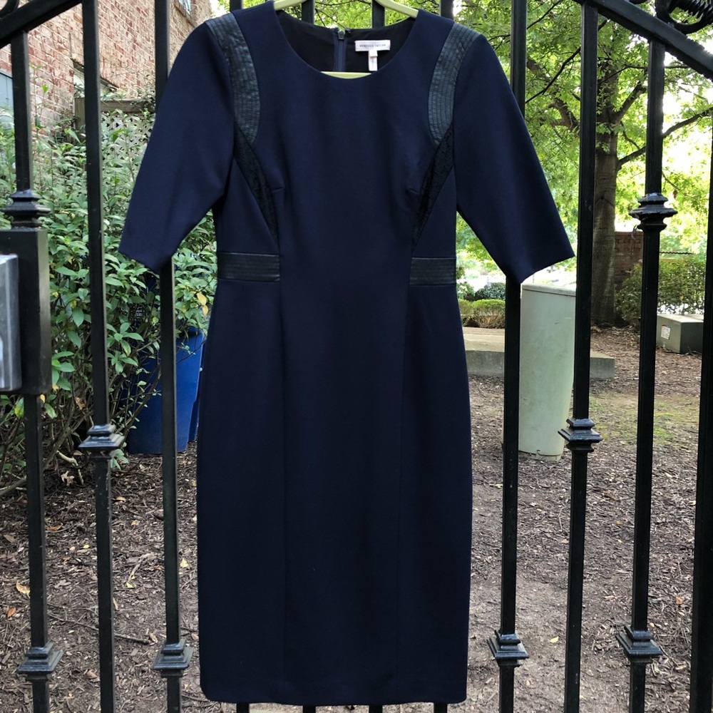 NWOT Rebecca Taylor Ponte Leather Dress, Navy, 4